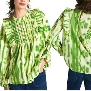 🇪🇸 🐠Samant Chauhan Emilia tie dye blouse pintuck ruffle keyhole back green XS
